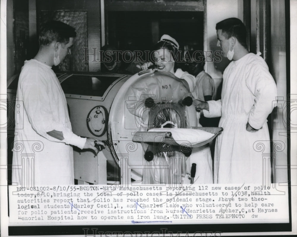 1955 Press Photo Boston, polio iron lung &amp; RNs HG Ancher, C Lake &amp; H Cecil - Historic Images