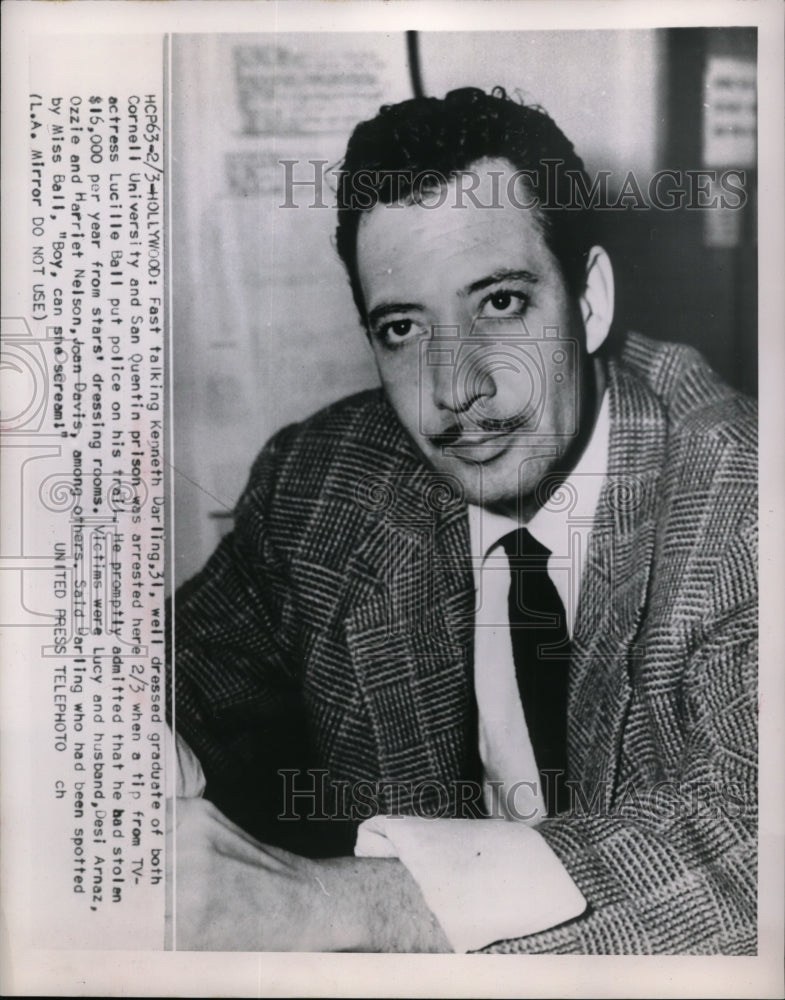 1954 Press Photo Kenneth Darling, 31, arrested after a tip from Lucille Ball - Historic Images