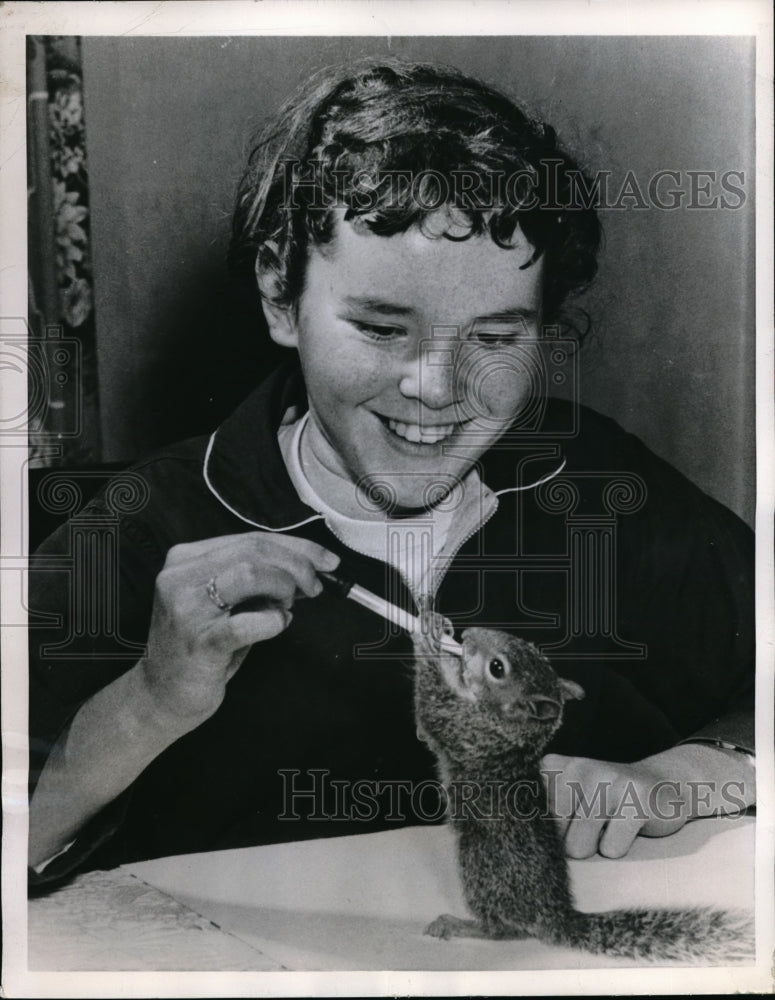 1956 Paula Ernisse feeding a squirrel she rescued near her home - Historic Images