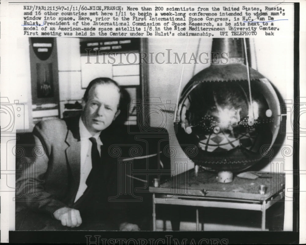 1960 Press Photo H.C. Van De Hulst Sits Next to American-Made Space Satellite-Historic Images