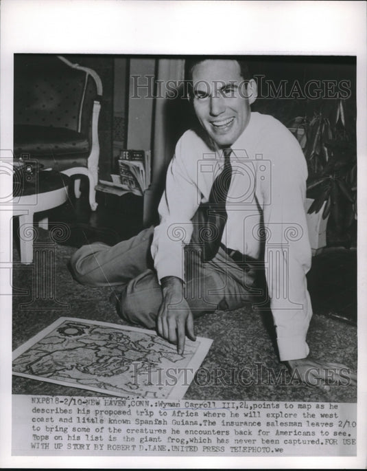 1954 New Haven, Conn. Wyman Carroll III & map of trip to Africa - Historic Images