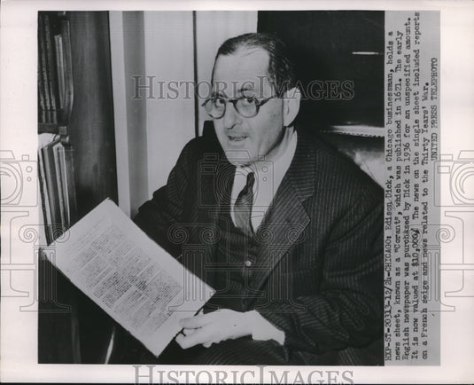1954 Press Photo Chicago, Ill Edison Dick, businessman & old paper Corant - Historic Images