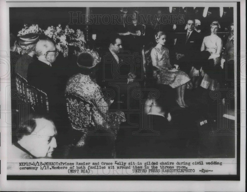 1956 Press Photo Prince Ranier Grace Kelly Wedding Ceremony Monaco Throne Room - Historic Images