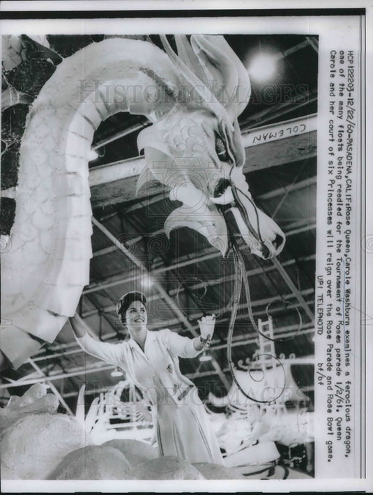 1960 Pasadena CA Rose parade Queen Carole Washburn on float - Historic Images
