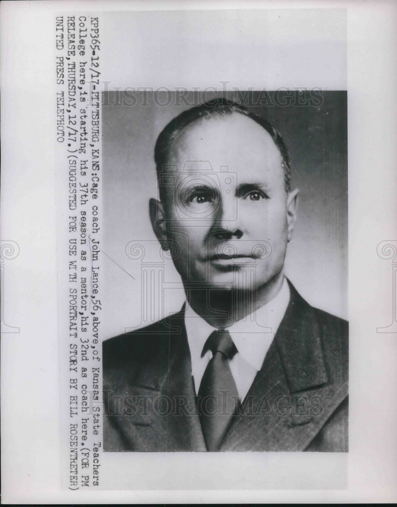 1953 Press Photo Basketball coach John Lance of Kansas State Teachers College - Historic Images