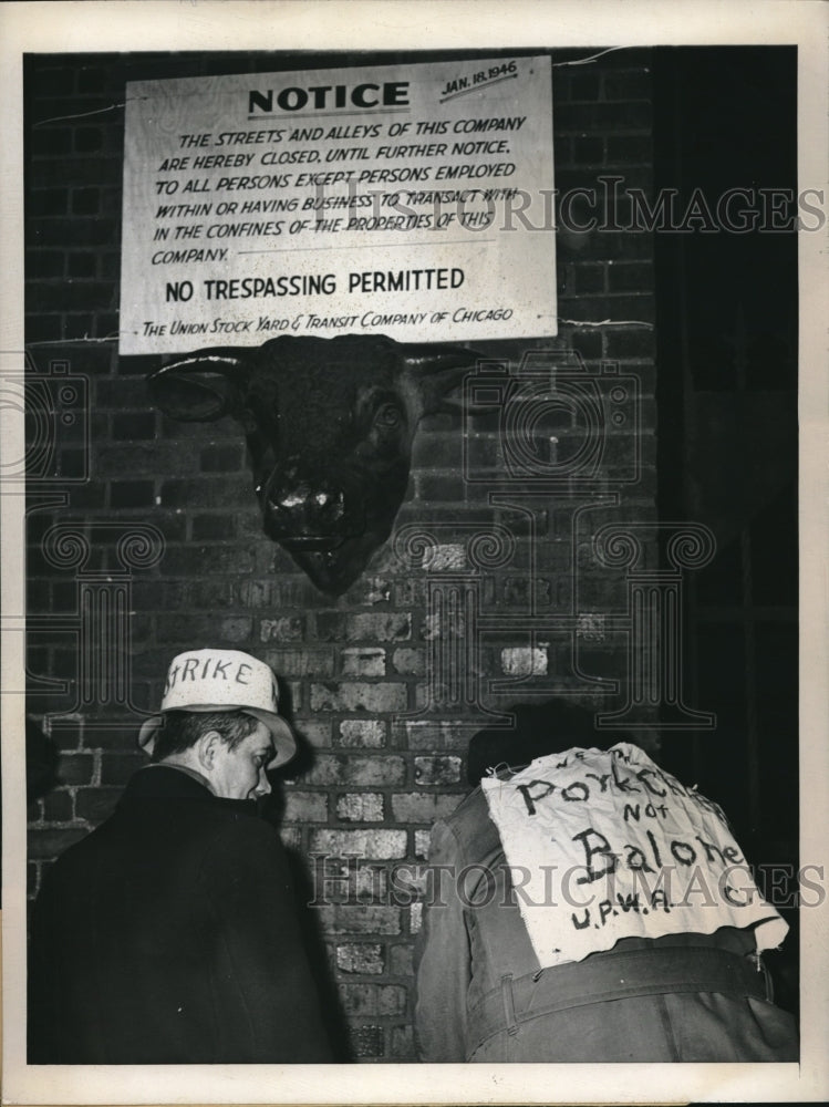 1946 Press Photo &quot;We want pork chops - not baloney&quot; CIO Picket Union Stockyards - Historic Images