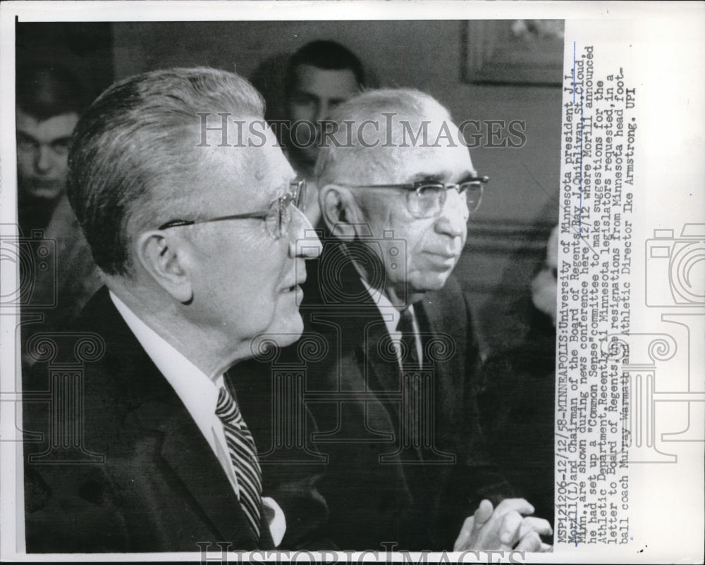 1958 Press Photo University Minnesota JL Morill Board Of Regents Ray Quinlivan - Historic Images