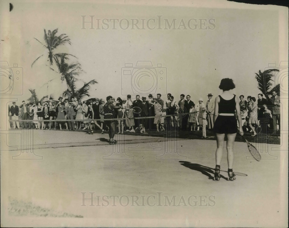 1929 Miami Beach Florida girls play tennis on roller skates - Historic Images