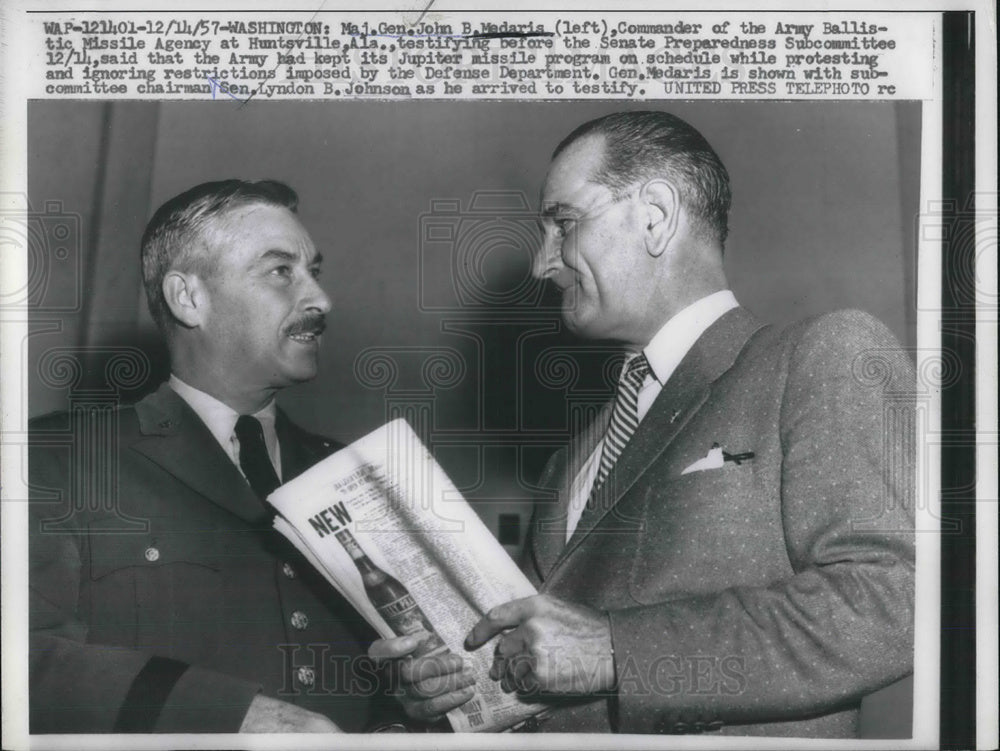 1957 Press Photo Maj Gen John Medaris with subcommittee chairman Sen Johnson-Historic Images