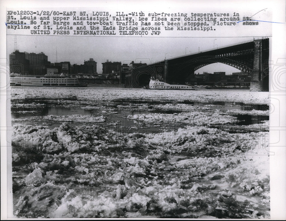 1960 Press Photo Ice around St.Louis Riverand Eads Bridge across Mississippi - Historic Images