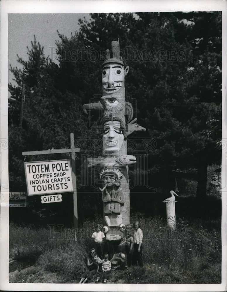 1956 Totem Pole made from solid cement at Kingston New York - Historic Images