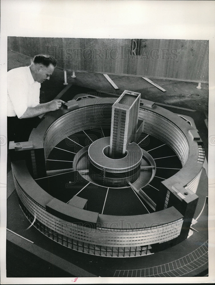 1957 Press Photo Circular Scale Model of Radio Television on Broadcasting Center - Historic Images