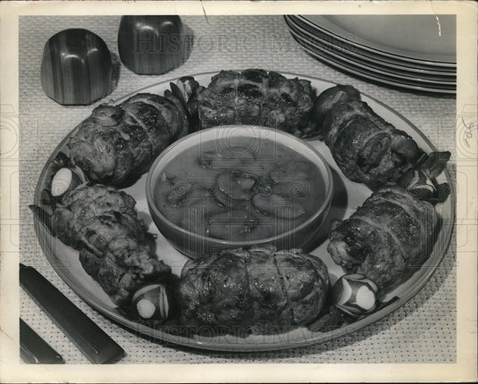 1952 Stuffed Veal Birds served with mushroom gravy sauce  - Historic Images