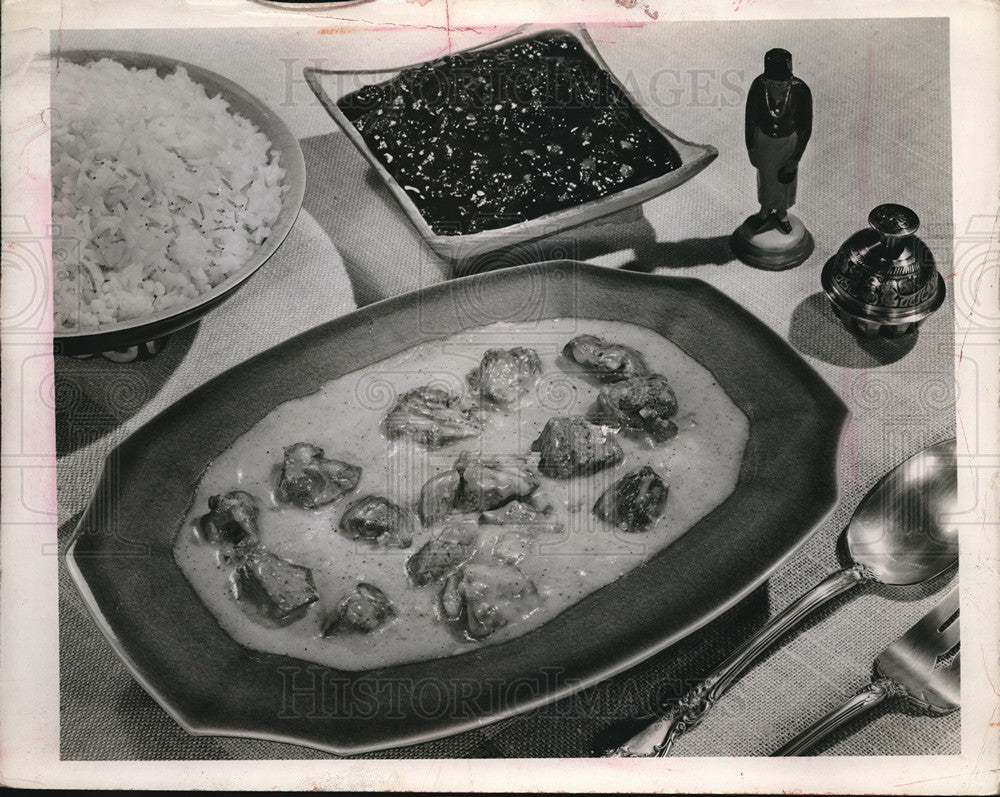 1949 Press Photo Curry Chicken, Cranberry Chutney, Rice Meal - Historic Images