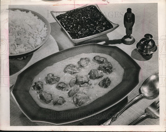 1949 Press Photo Curry Chicken, Cranberry Chutney, Rice Meal - Historic Images