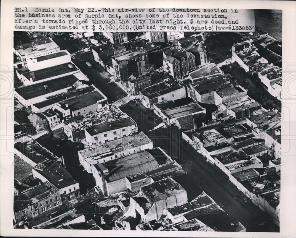 1953 Aerial view of Sarnia, Ontario after tornado ripped through - Historic Images