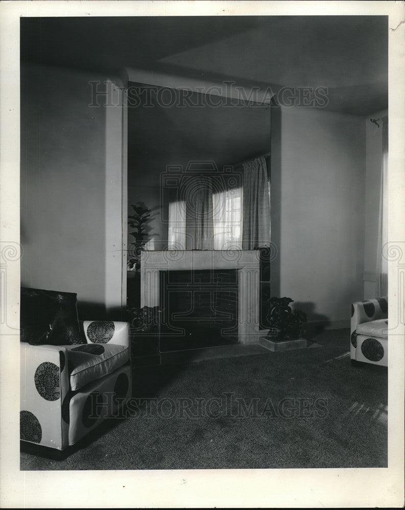 1937 Fireplace in Room with Polka Dot Chairs - Historic Images