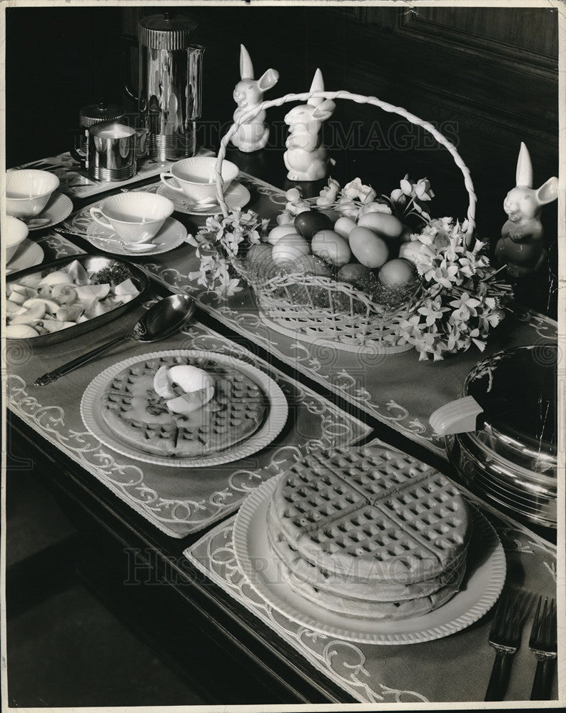 1945 Press Photo Waffles with whipped cream with Easter Breakfast. - Historic Images