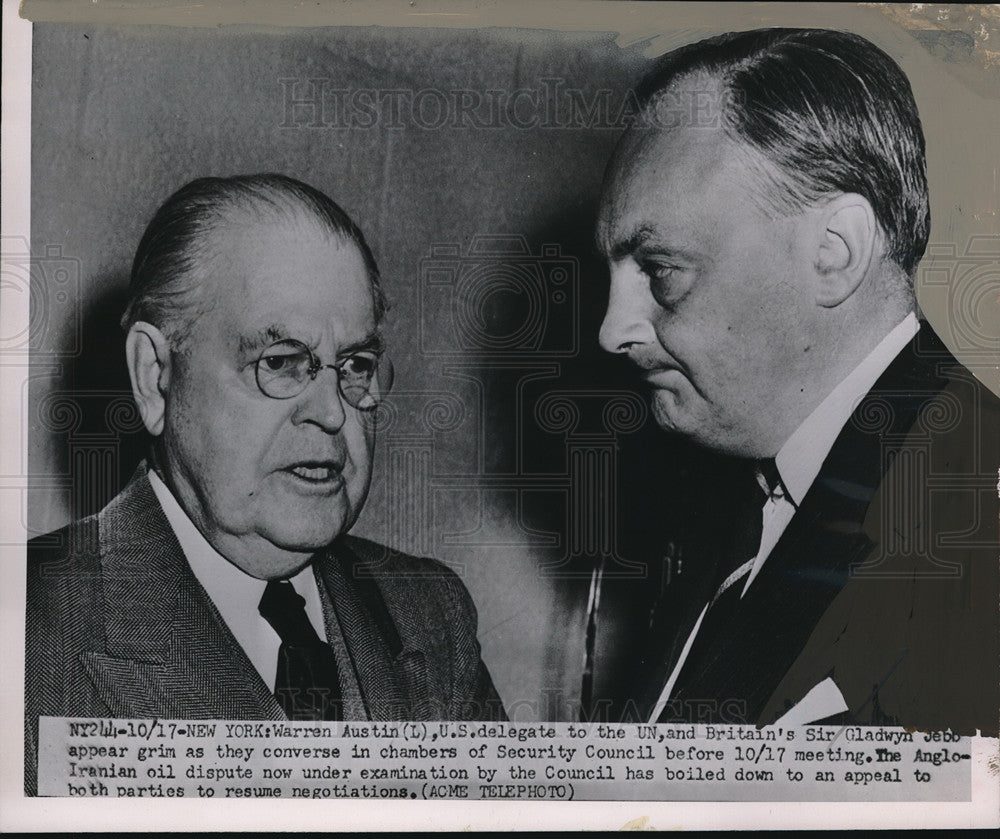 1951 Press Photo US Delegate Warren Austin &amp; Britain&#39;s Dir Gladwyn Jebo - Historic Images