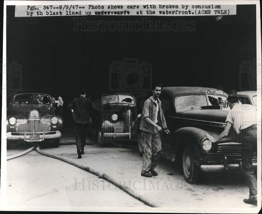 1947 Press Photo View of vehicles with damage due to concussion from explosion-Historic Images