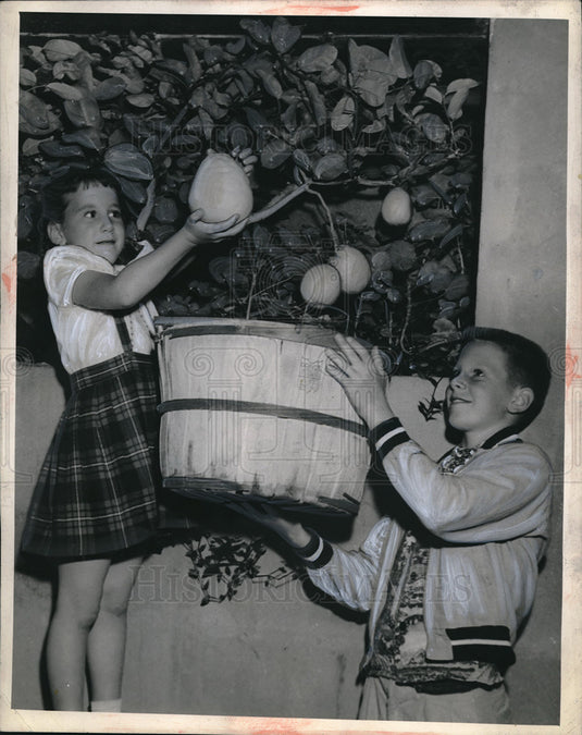Press Photo Children Jeannie & Jim Allen Picking 16 1/2" Cir Lemon In Basement - Historic Images
