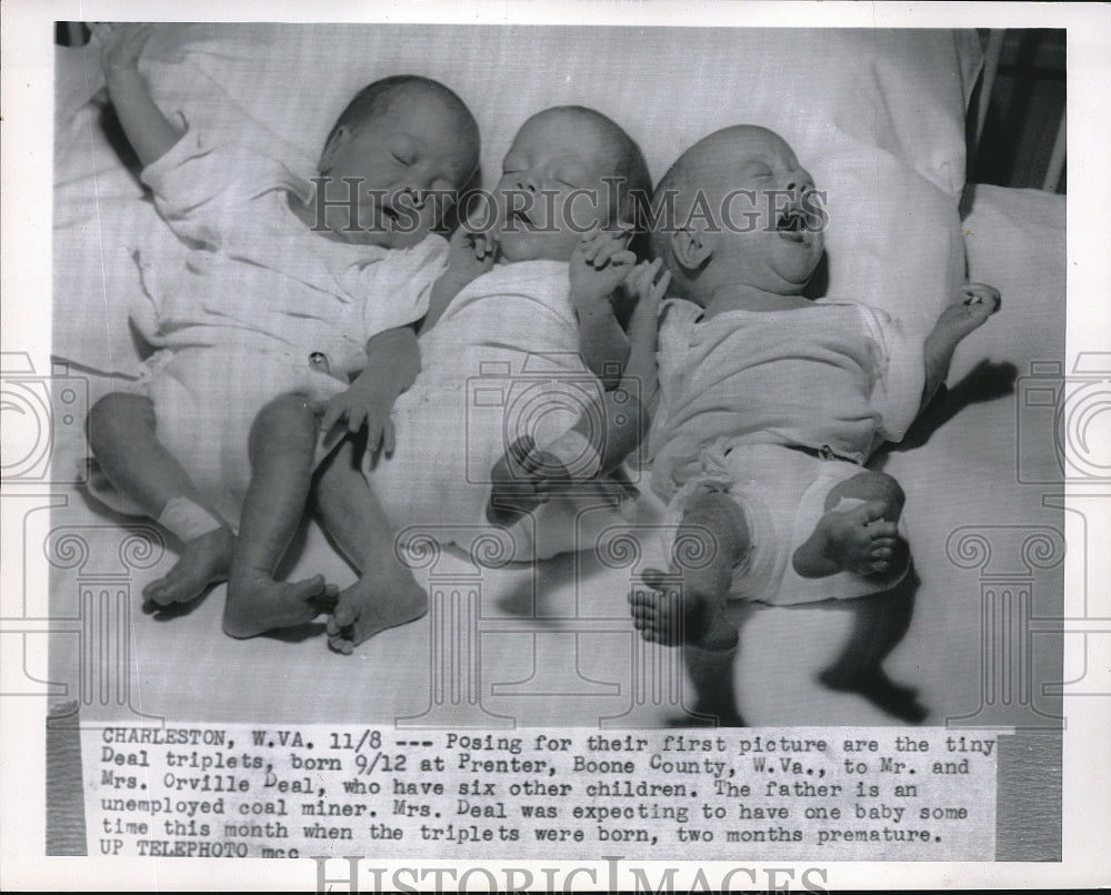 1955 Press Photo Posing For Their First Picture Tiny Deal Triplets - Historic Images