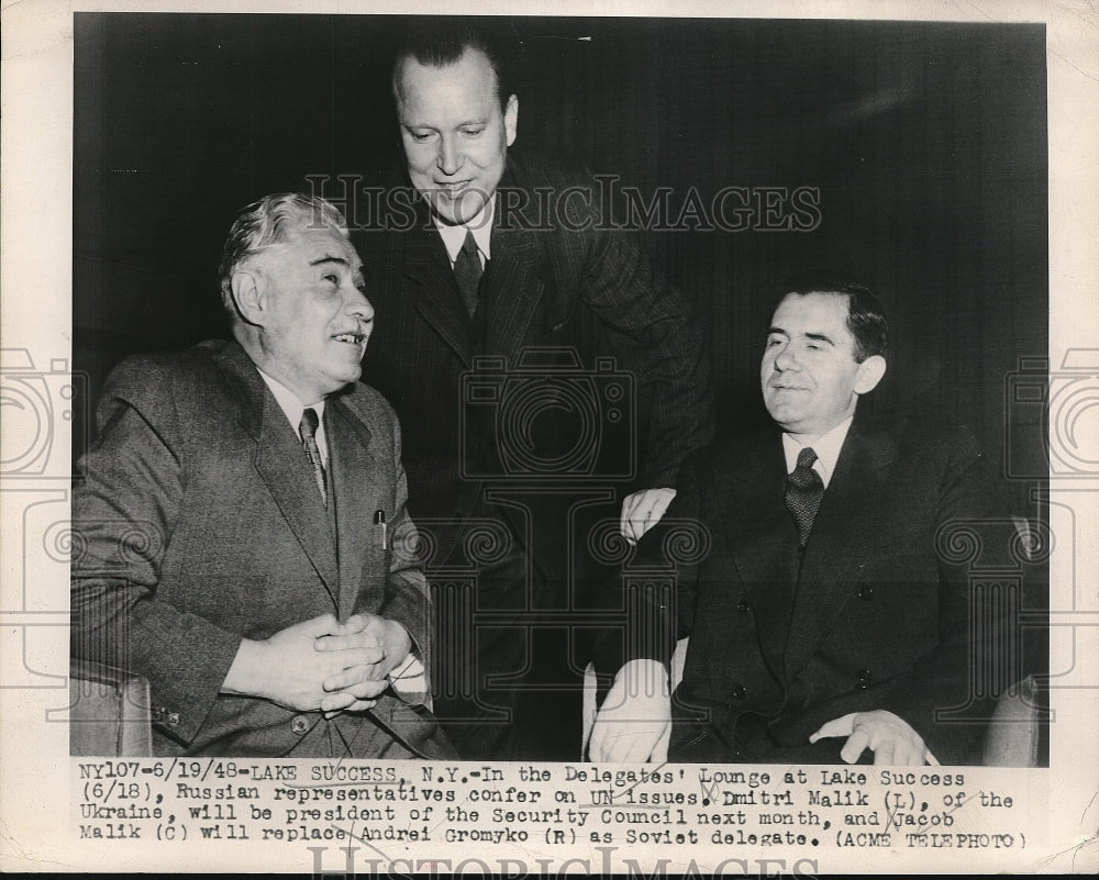 1948 Press Photo Lake Success, NY UN delegates, D Malik, J Malik of Russia - Historic Images