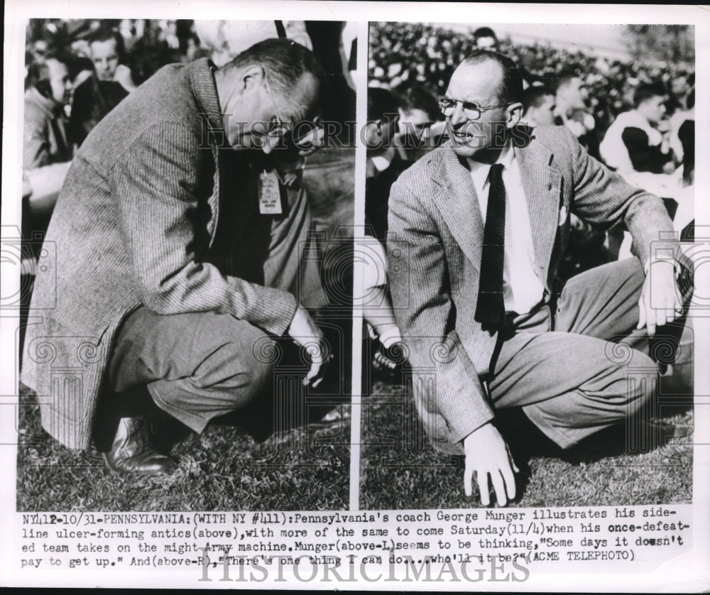 1950 Press Photo Coach George Munger Illustrates His Side Line Ulcer Forming - Historic Images