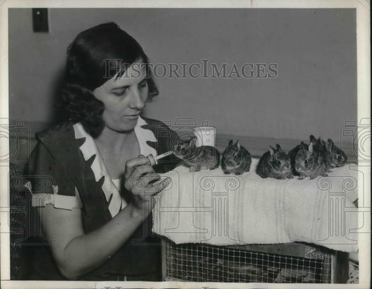1934 Press Photo Baby bunnies & Mrs Fadeley hand feeding them - Historic Images