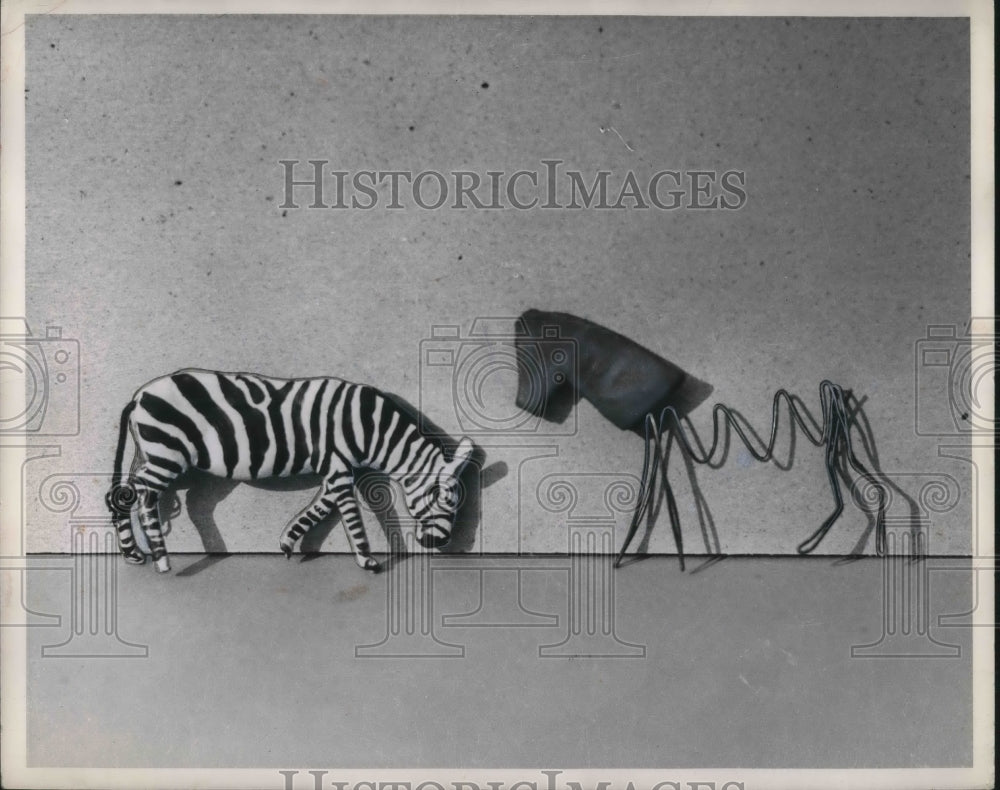 1958 Zebra &amp; horse  fashioned from wire &amp; clay-Historic Images