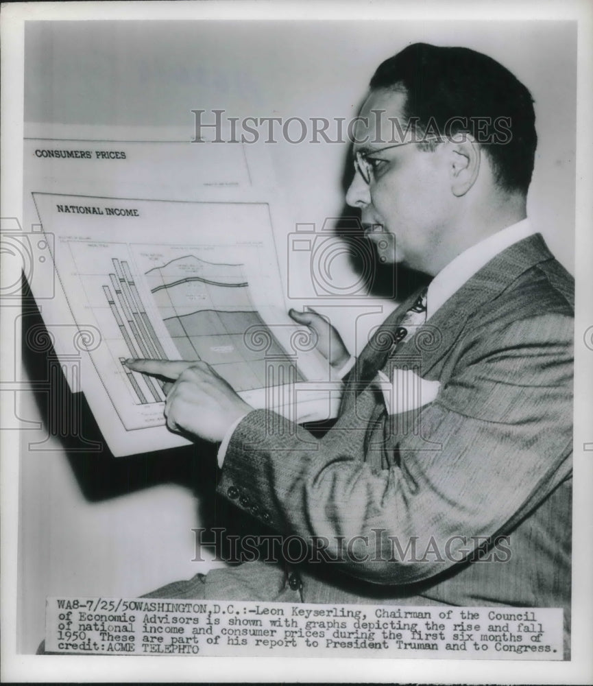 1950 Press Photo Economist Leon Keyserling Showing National Income Graphs - Historic Images