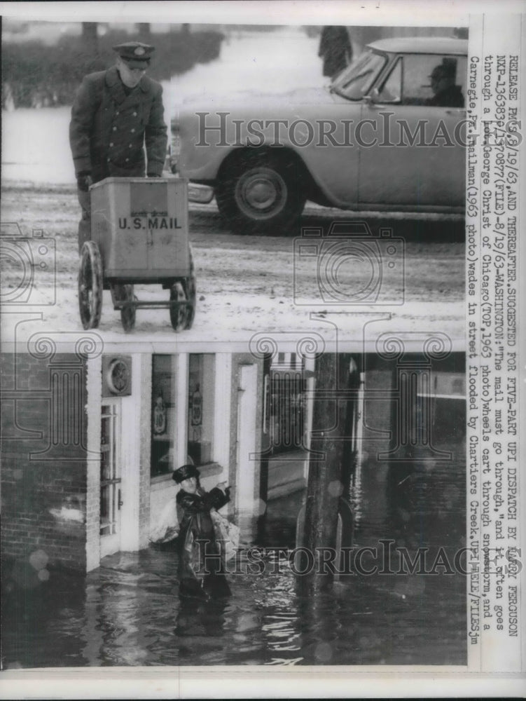 1963 Postman George Christ Wheels Cart in Snow, Postman Wades Water - Historic Images