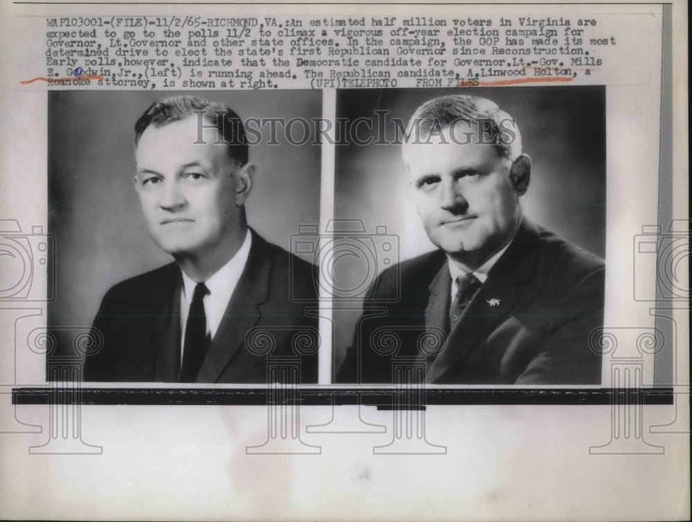 1965 Press Photo Lt. Gov. Mills Goodwin, Jr., A. Linwood Holton - Historic Images