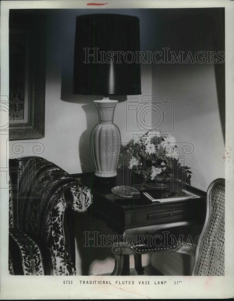 1967 Traditional 37&quot; Fluted Vase Lamp On End Table In Living Room - Historic Images