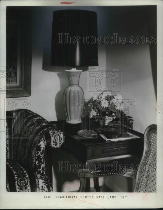 1967 Traditional 37" Fluted Vase Lamp On End Table In Living Room - Historic Images