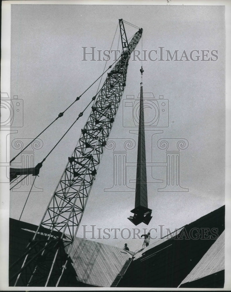 1968 57 foot steeple Washington St Bernadine&#39;s church took crane - Historic Images