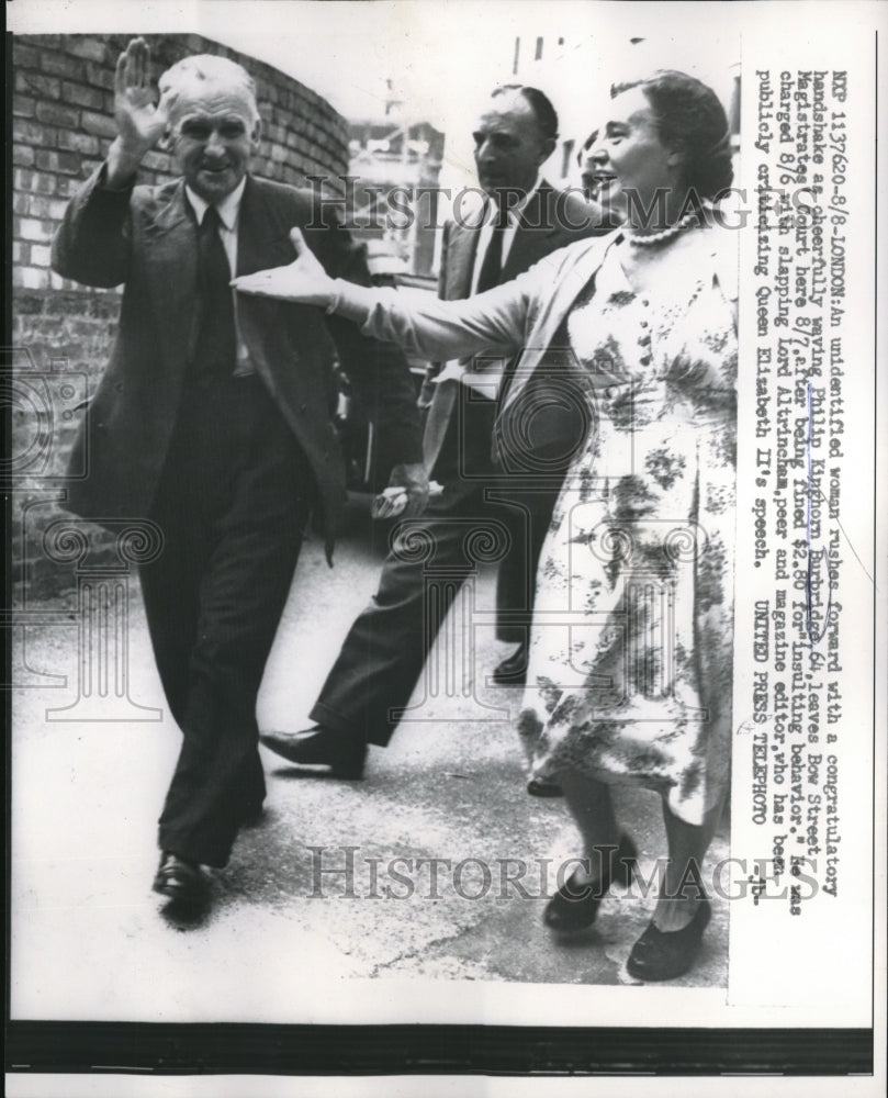 1957 Press Photo Unidentified Woman Congratulates Philip Kinghorn Burbridge-Historic Images