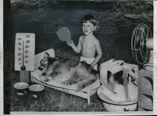 1953 Belton, Mo Karen Warren & pet dog keep cool in heat wave - Historic Images