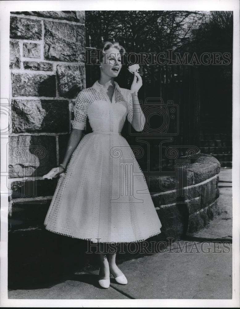 1956 Model Wearing White Graduation Dress with Short Sleeves-Historic Images