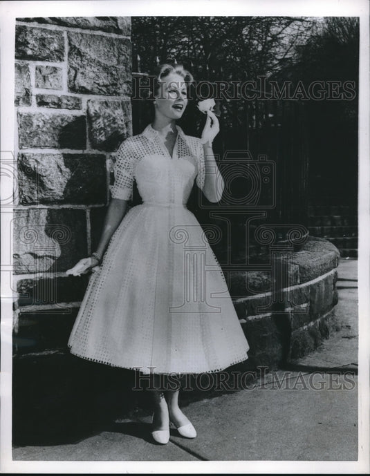 1956 Model Wearing White Graduation Dress with Short Sleeves Historic Images 1956 Model Wearing White Graduation Dress with Short Sleeves Historic Images