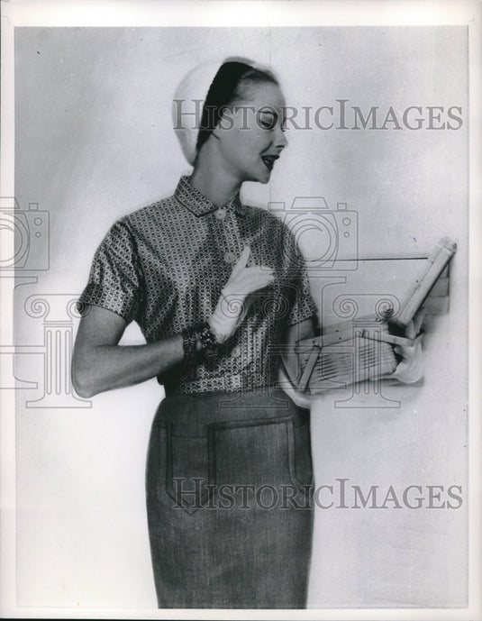 1956 Press Photo Model Wears Printed Polish Cotton Blouse & Straight Line Skirt-Historic Images