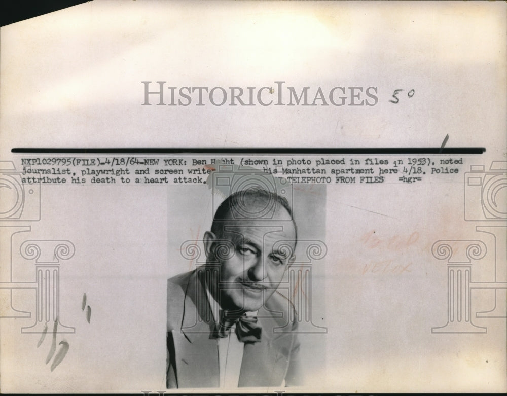 1964 Ben Hacht Journalist Playwright and Screenwriter - Historic Images