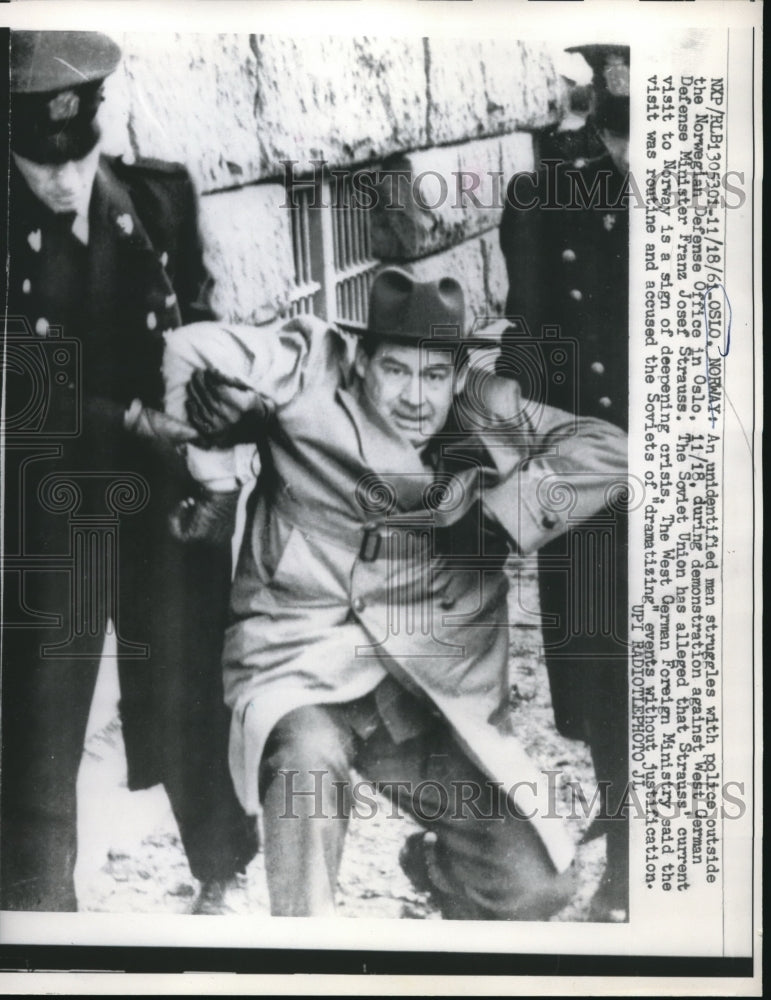 1961 Police arresting man during demonstration in Oslo Norway - Historic Images