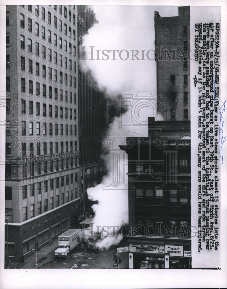 1958 Steam Rises as Underground Pipe Burst on East 29th Street NY - Historic Images