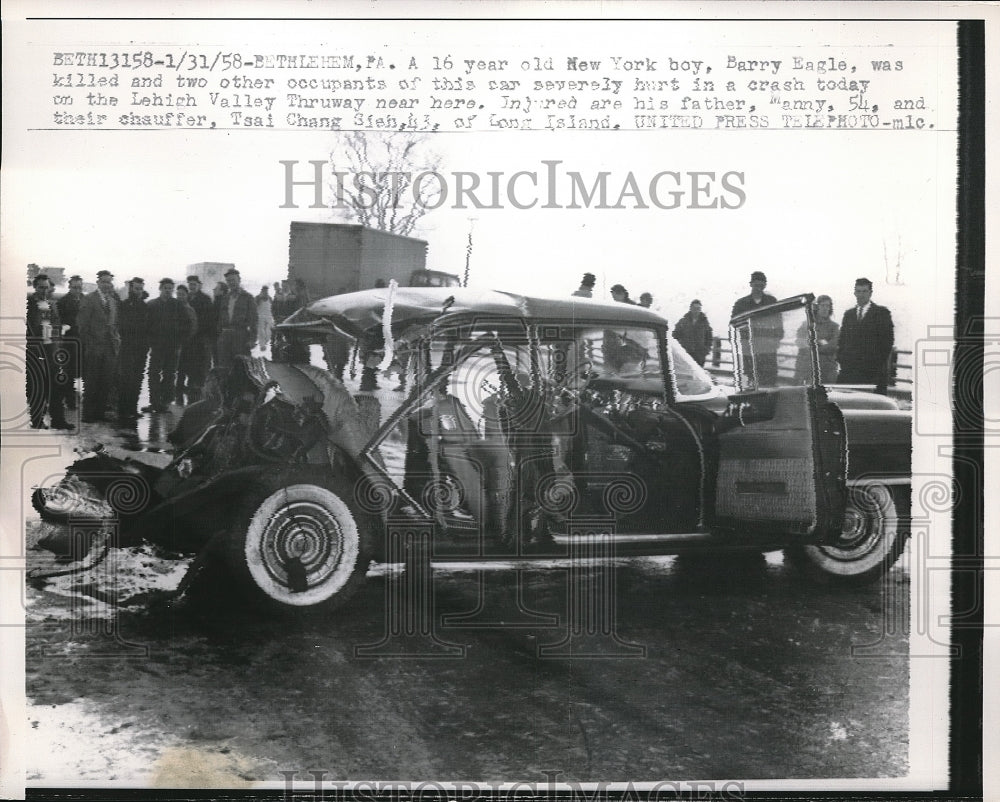 1958 Press Photo Barry Eagle, 16, was killed in crash in Bethlehem, PA - Historic Images