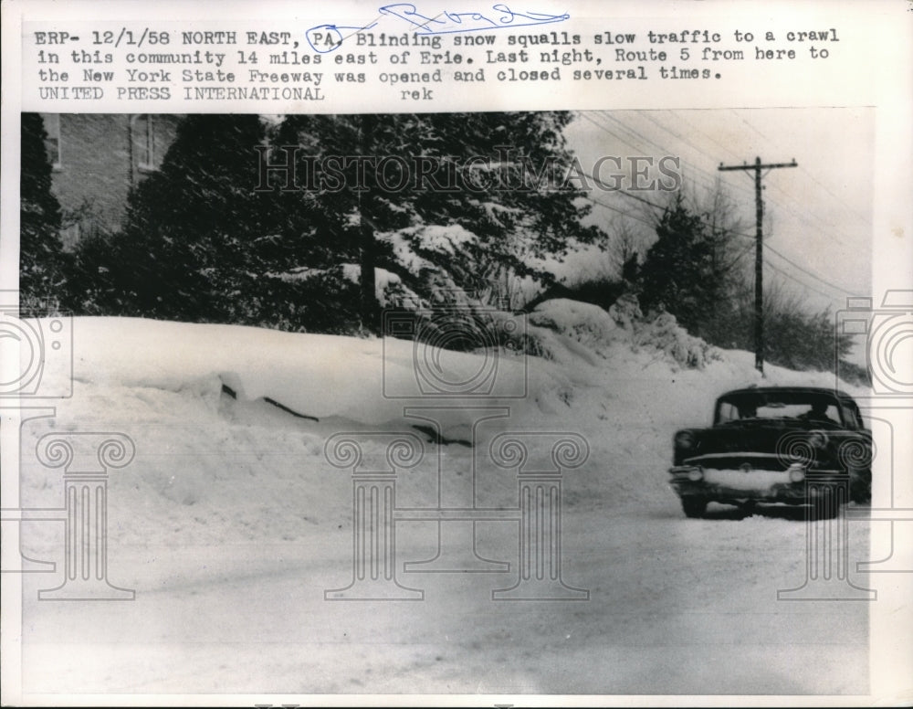 1958 Press Photo Car Travels Snow Covered Route 5 In North West, PA - Historic Images