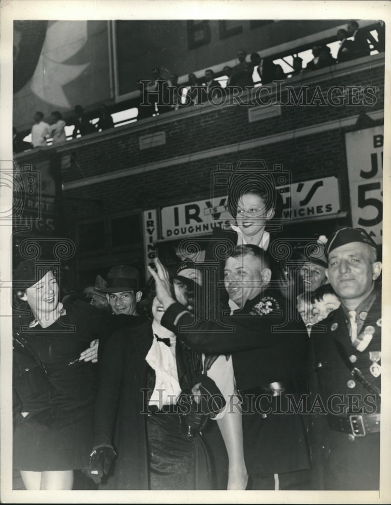 1937 Woman Sits On Shoulders Of Legionaire To Get Better View - Historic Images