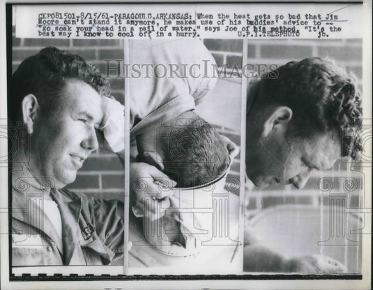 1961 Press Photo Jim Moore Cools Off By Dumping His Head In Pail Of Water-Historic Images