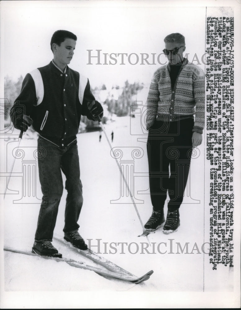 1957 Dodge Ridge, Calif. instructor teaches a blind skier - Historic Images