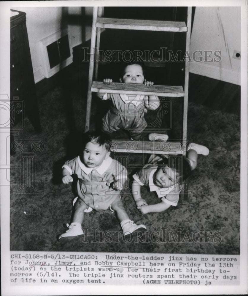 1949 Chicago, Ill. triplets Johnny, Jimmy, Bobby Campbell age 1 - Historic Images